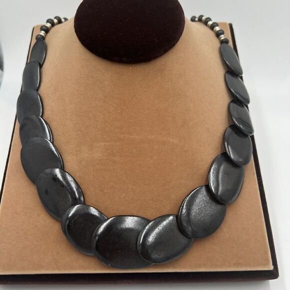 Vintage Bone Bead Necklace Large Statement Necklace Oval Flat Beads Tribal Boho - Picture 2 of 7